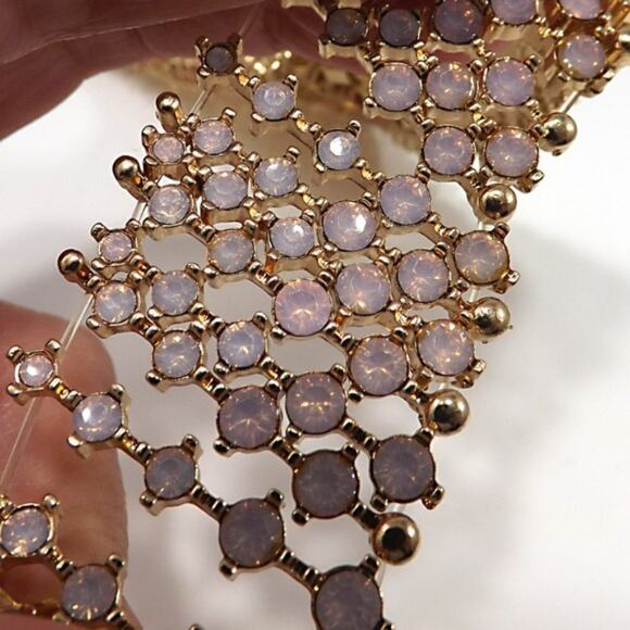 Pink Faux Opal Rhinestone Gold Stretch Links Wide Collar Necklace - Picture 7 of 8